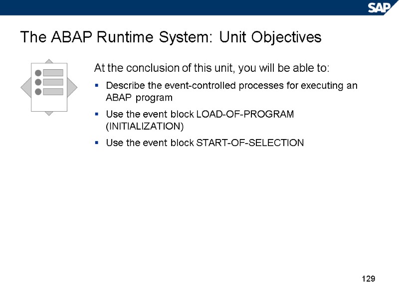 129 The ABAP Runtime System: Unit Objectives At the conclusion of this unit, you